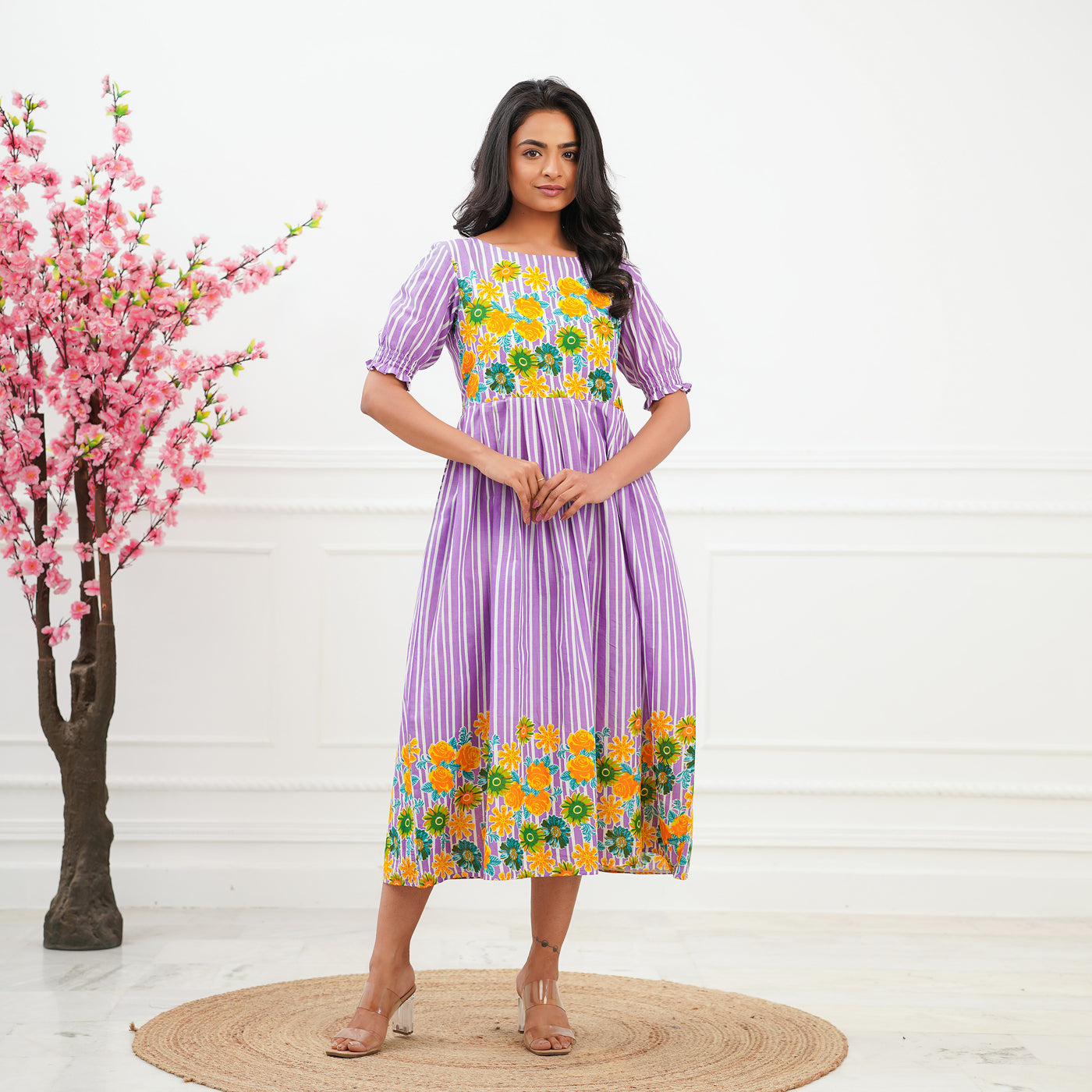 Purple Multi Flower Cotton Midi Dress with Pockets