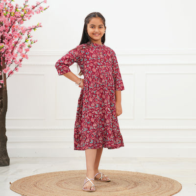 'Maroon Ditsy' Tiered Mom and Daughter Cotton Dresses