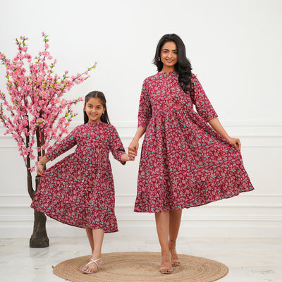 'Maroon Ditsy' Tiered Mom and Daughter Cotton Dresses