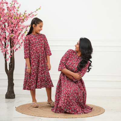 'Maroon Ditsy' Tiered Mom and Daughter Cotton Dresses