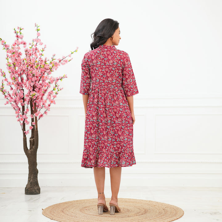 'Maroon Ditsy' Tiered Cotton Midi Dress with Pockets