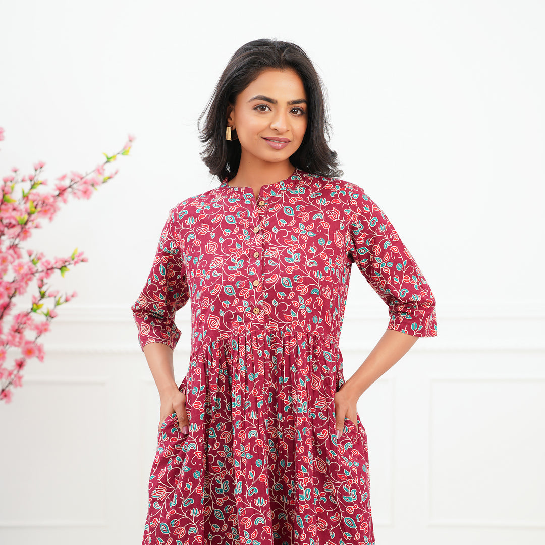 'Maroon Ditsy' Tiered Cotton Midi Dress with Pockets