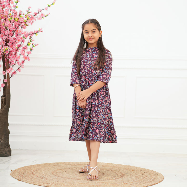 'Purple Ditsy' Girl's Cotton Tiered Dress