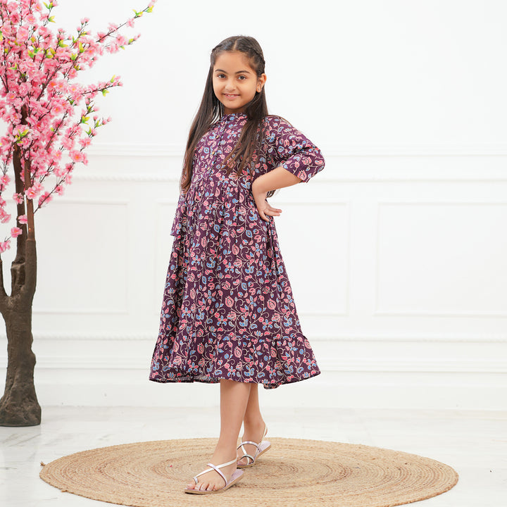 'Purple Ditsy' Girl's Cotton Tiered Dress