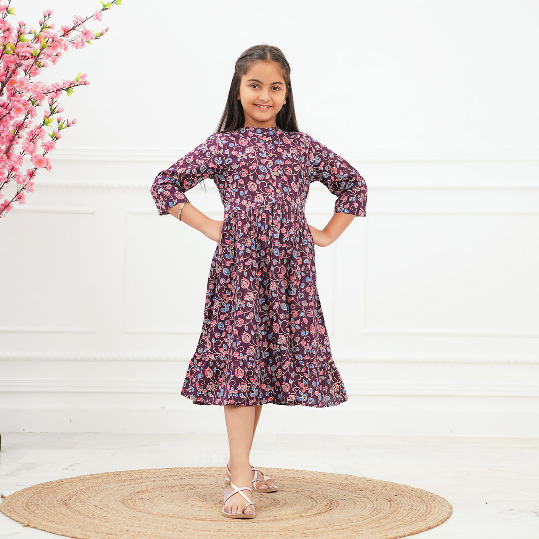 'Purple Ditsy' Girl's Cotton Tiered Dress