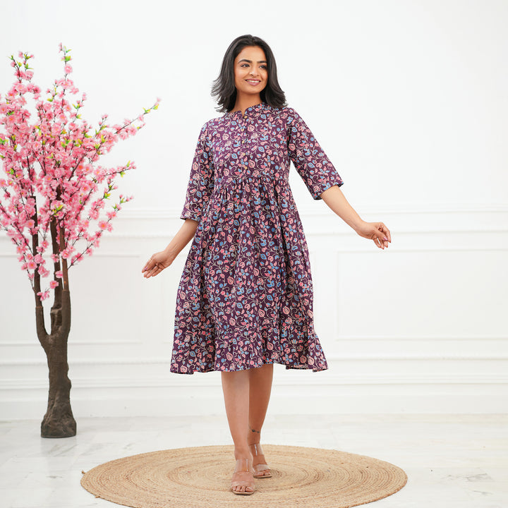 'Purple Ditsy' Tiered Cotton Midi Dress with Pockets