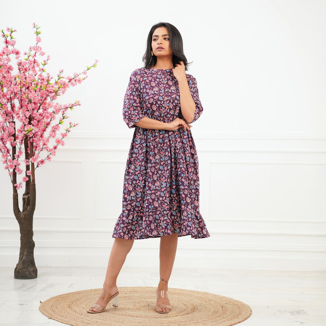 Purple Pure Cotton Floral Casual Summer Midi Dress | Fashiana