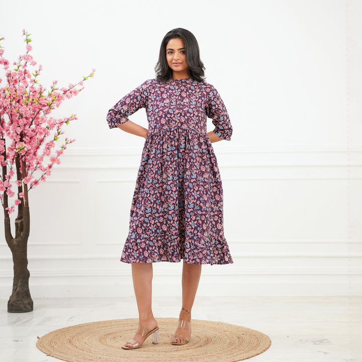 'Purple Ditsy' Tiered Cotton Midi Dress with Pockets