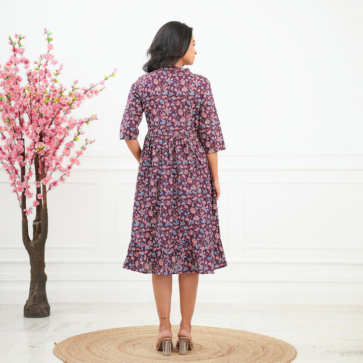 'Purple Ditsy' Tiered Cotton Midi Dress with Pockets