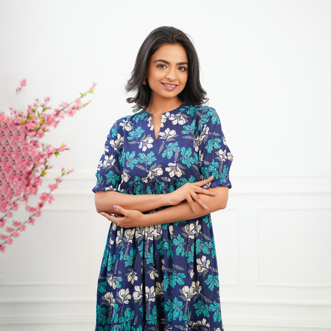 Twilight Lily Tiered Cotton Midi Dress with Pockets