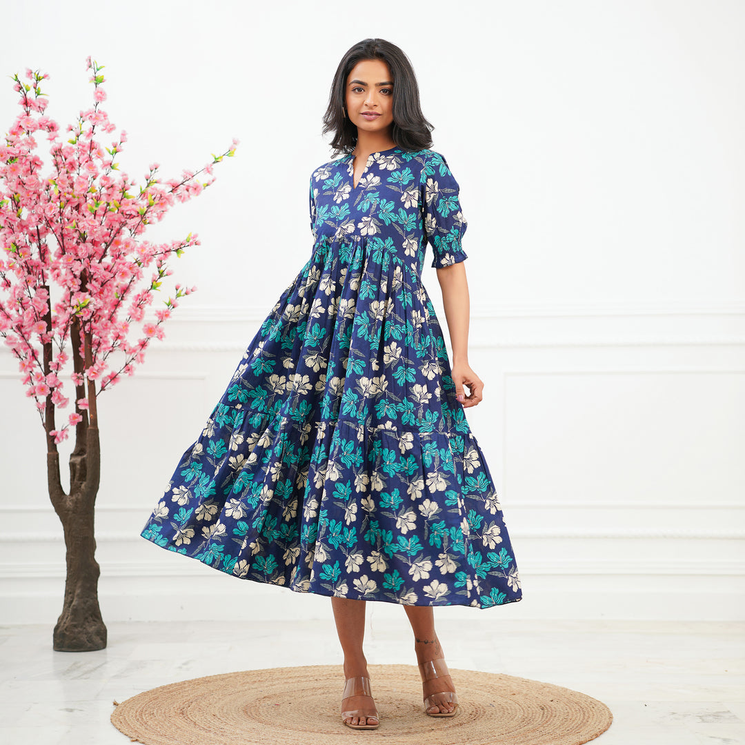 Twilight Lily Tiered Cotton Midi Dress with Pockets