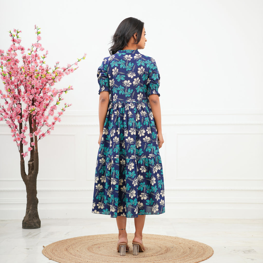 Twilight Lily Tiered Cotton Midi Dress with Pockets