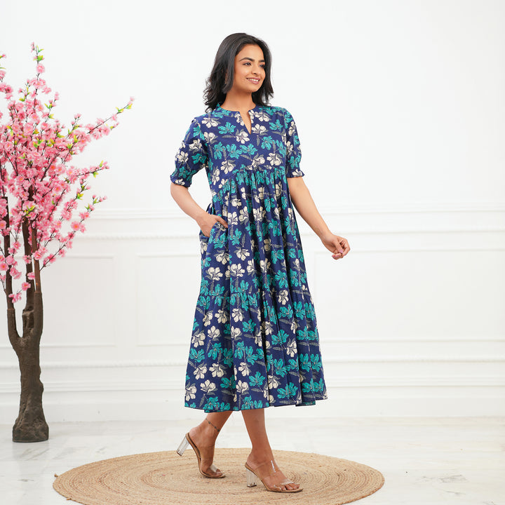 Twilight Lily Tiered Cotton Midi Dress with Pockets