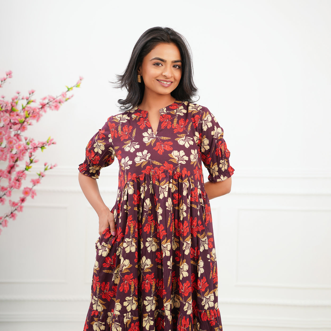 'Lily on Brown' Tiered Cotton Midi Dress with Pockets