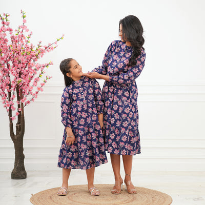 'Saphire Bloom' Mom and Daughter Cotton Tiered Dresses