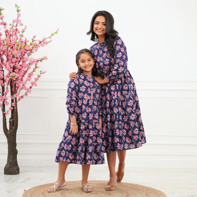 'Saphire Bloom' Mom and Daughter Cotton Tiered Dresses