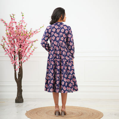 'Saphire Bloom' 3-Tiered Cotton Midi Dress with Pockets