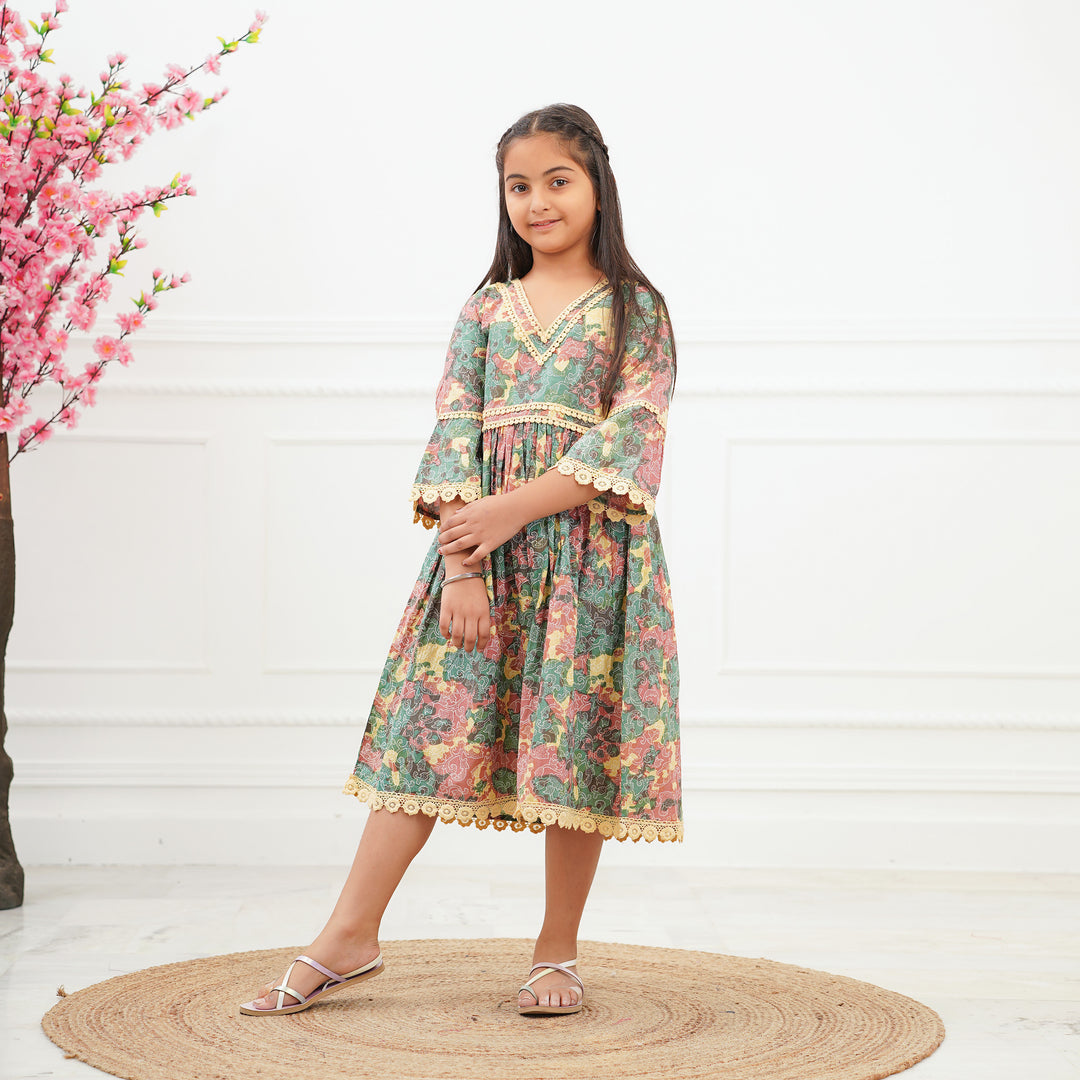 'Green Swirl' Tie Dyed Girl's Cotton Dress