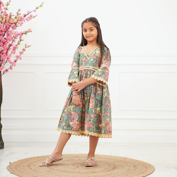 'Green Swirl' Tie Dyed Girl's Cotton Dress