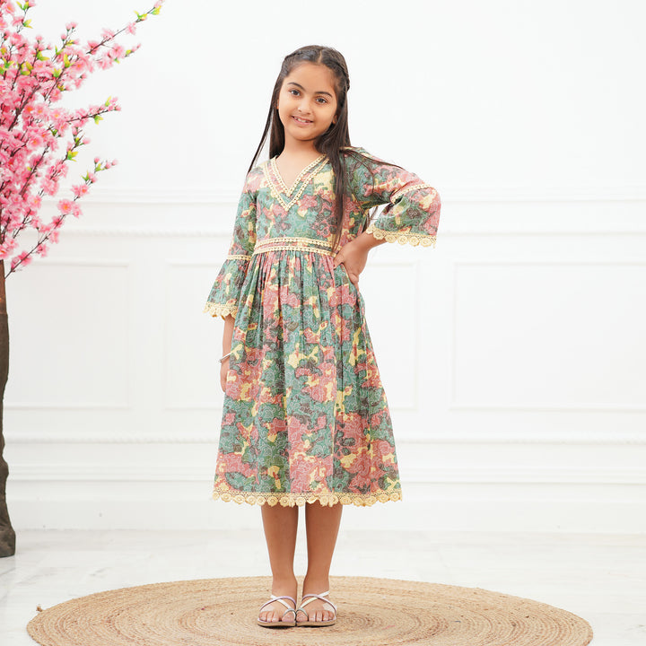 'Green Swirl' Tie Dyed Girl's Cotton Dress