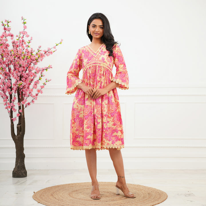 'Pink Swirl' Tie Dyed Cotton Midi Dress with Pockets