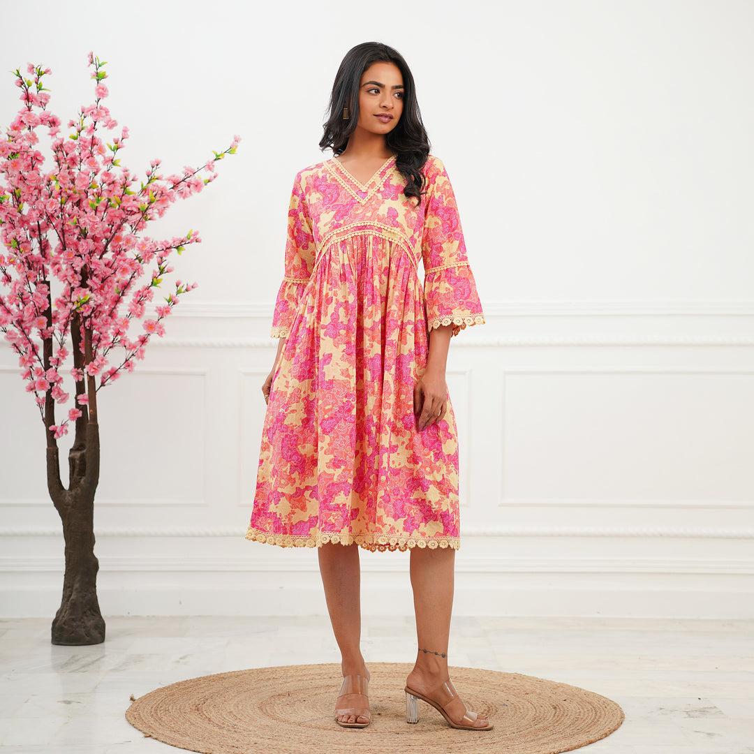 'Pink Swirl' Tie Dyed Cotton Midi Dress with Pockets