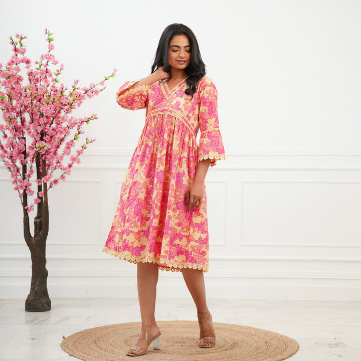 'Pink Swirl' Tie Dyed Cotton Midi Dress with Pockets