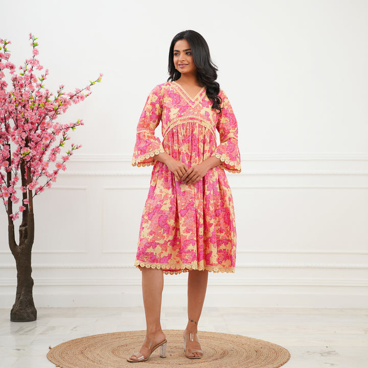 'Pink Swirl' Tie Dyed Cotton Midi Dress with Pockets