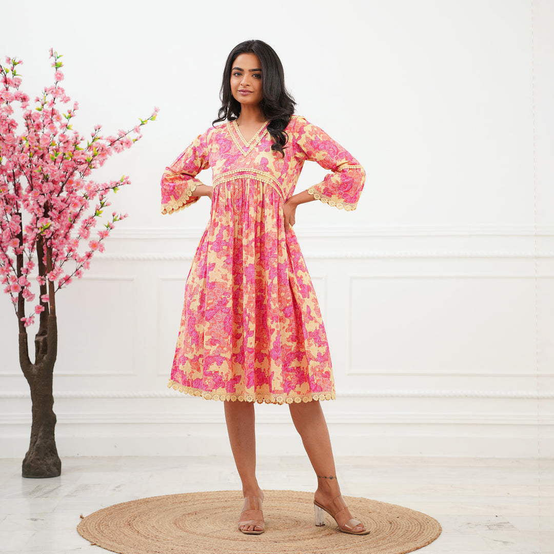 'Pink Swirl' Tie Dyed Cotton Midi Dress with Pockets