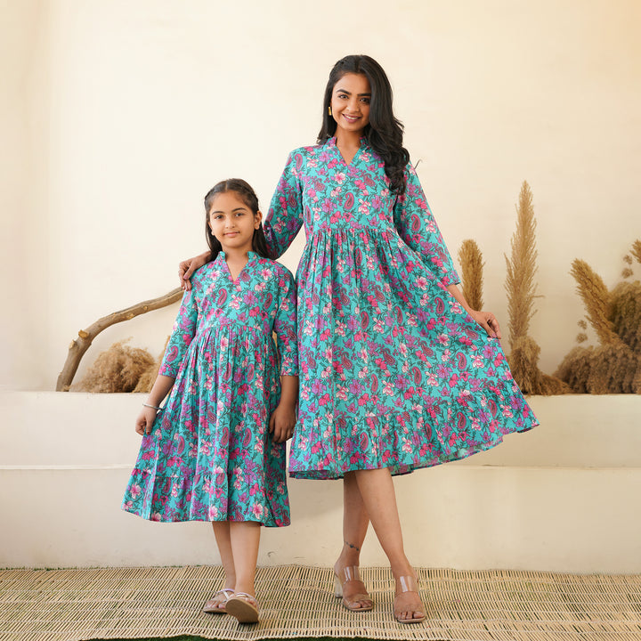 'Jade Garden' Mom and Daughter Cotton Tiered Dresses