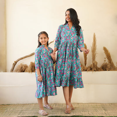 'Jade Garden' Mom and Daughter Cotton Tiered Dresses