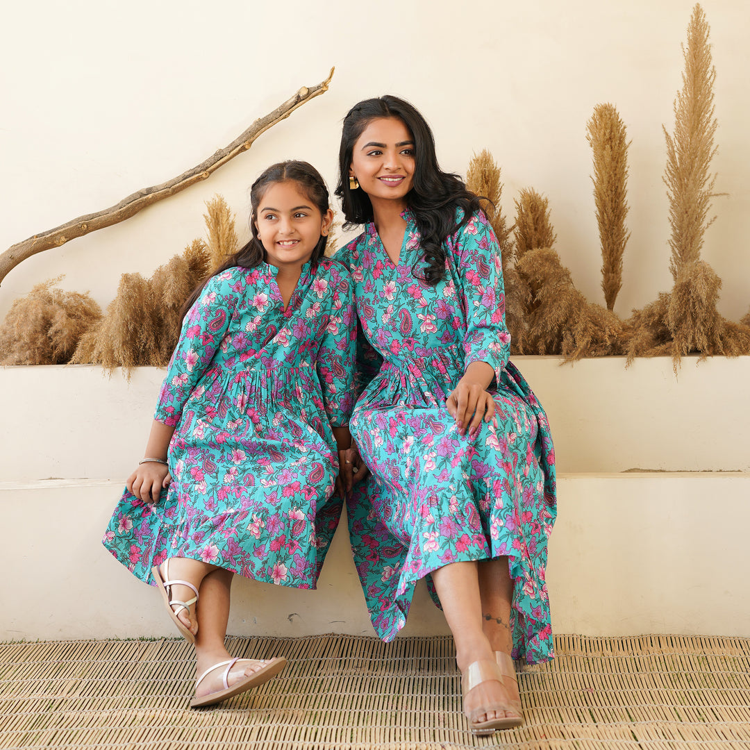 'Jade Garden' Mom and Daughter Cotton Tiered Dresses