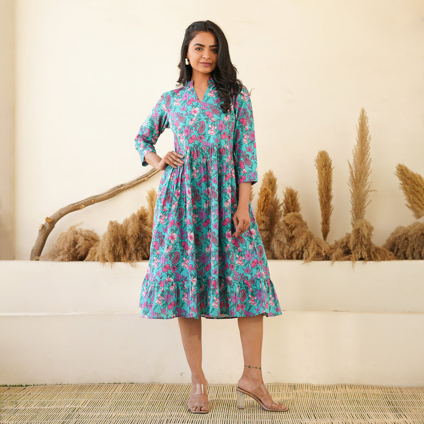 'Jade Garden' Tiered Cotton Midi Dress with Pockets