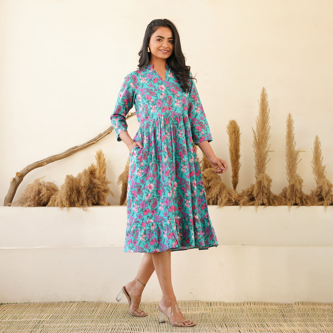 'Jade Garden' Tiered Cotton Midi Dress with Pockets