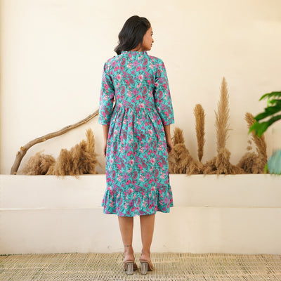 'Jade Garden' Tiered Cotton Midi Dress with Pockets