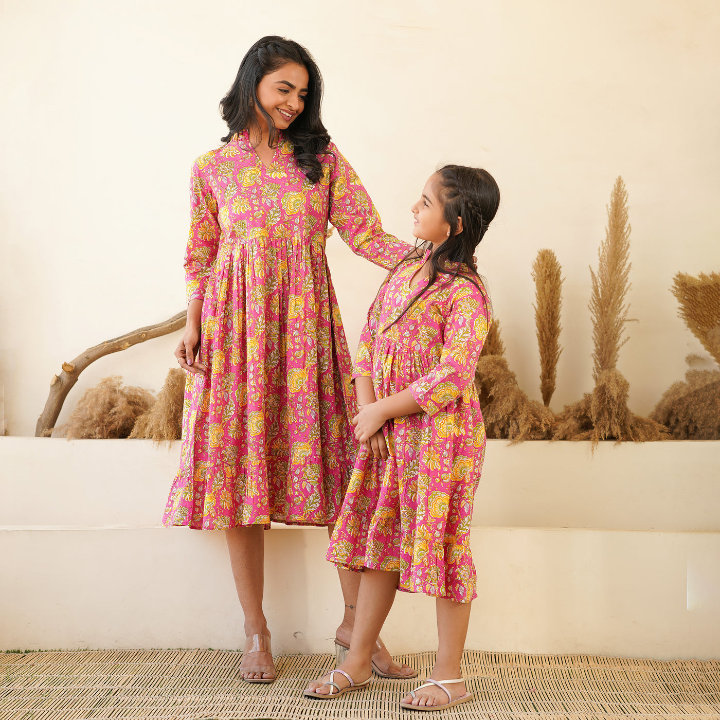 'Marigold on Magenta' Mom and Daughter Cotton Tiered Dresses