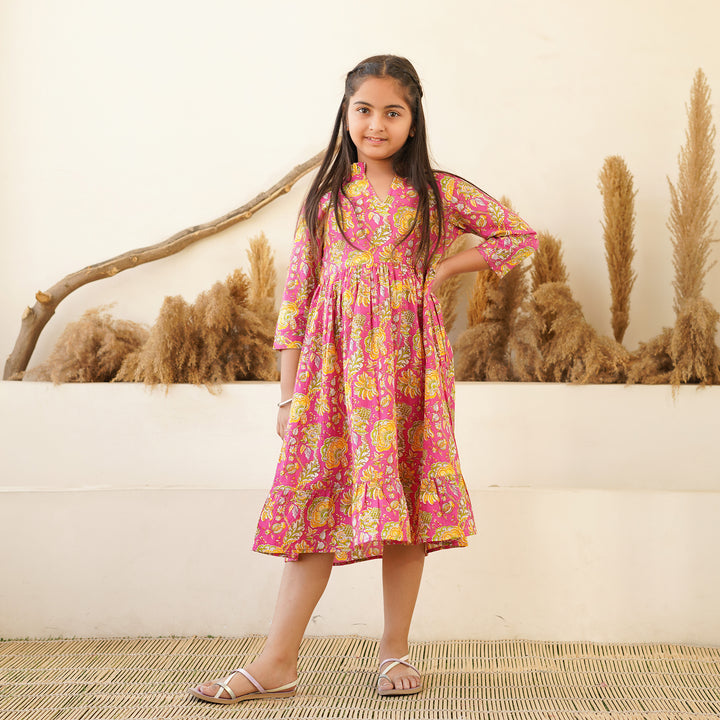 'Marigold on Magenta' Tiered Girl's Cotton Dress