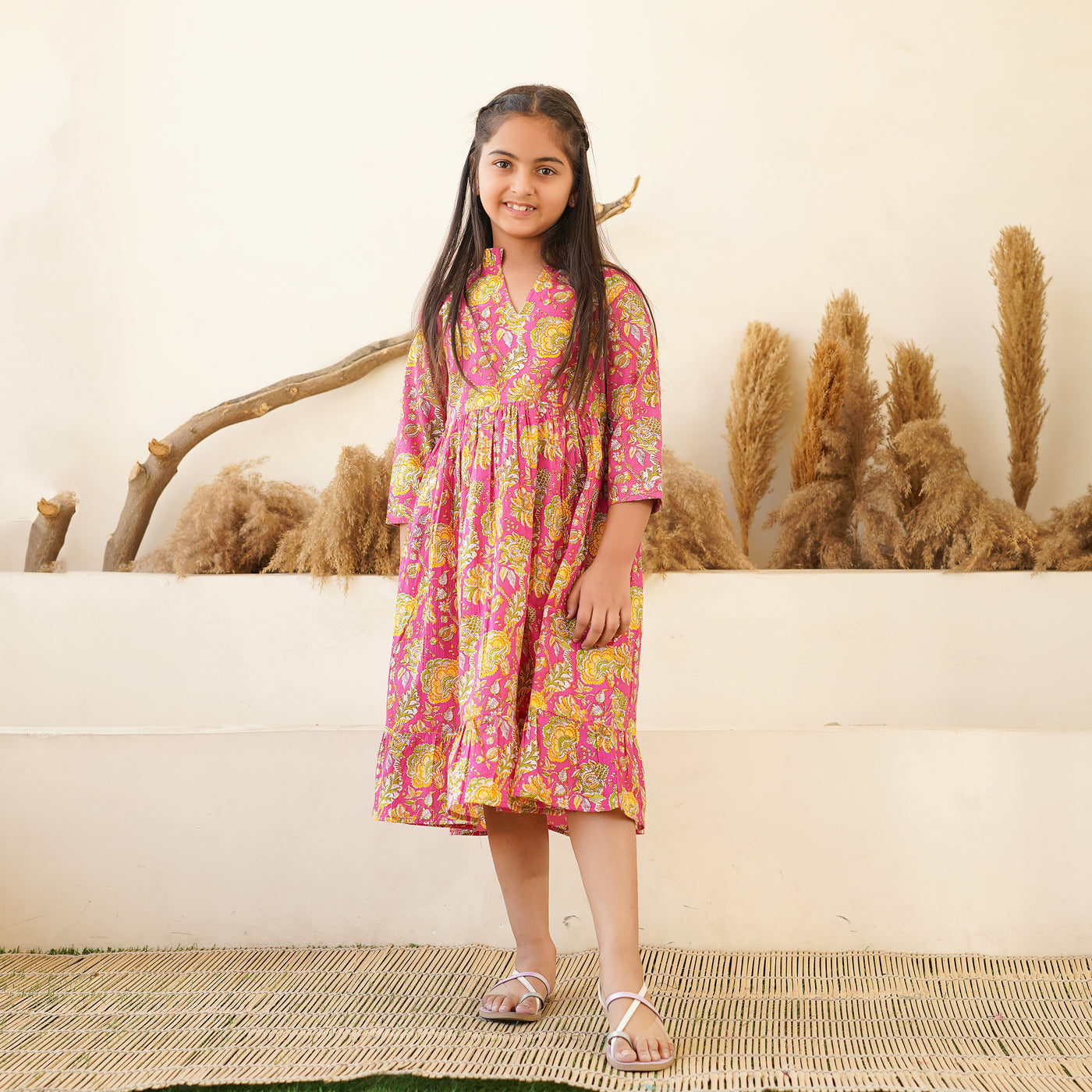 'Marigold on Magenta' Mom and Daughter Cotton Tiered Dresses