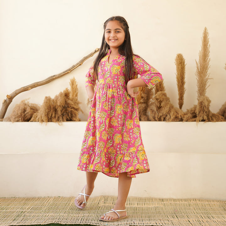 'Marigold on Magenta' Tiered Girl's Cotton Dress