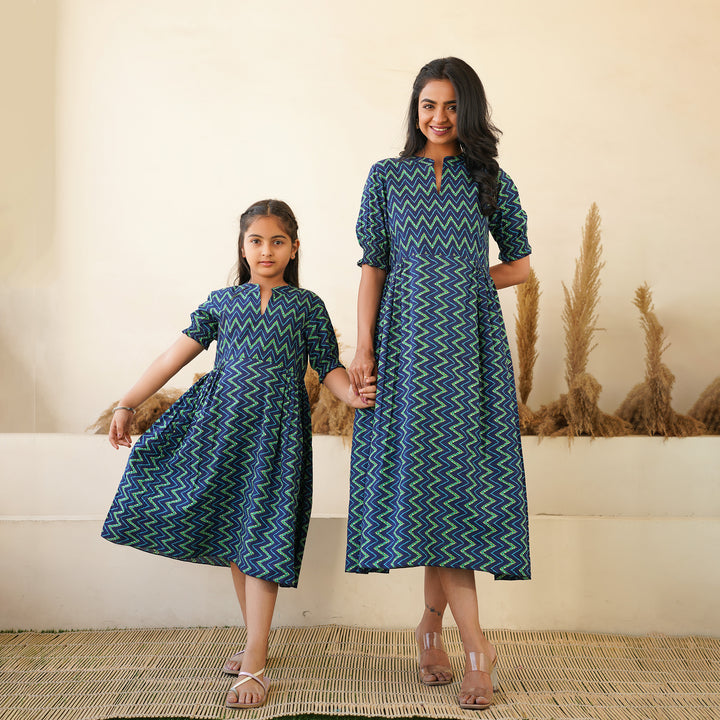 Leheria on Blue Mom and Daughter Cotton Dresses
