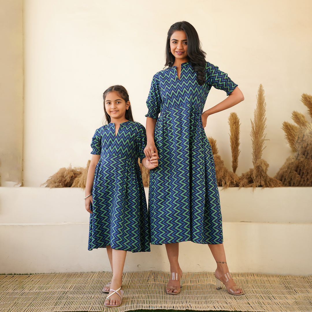 Leheria on Blue Mom and Daughter Cotton Dresses