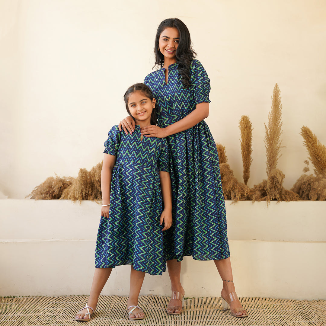 Leheria on Blue Mom and Daughter Cotton Dresses