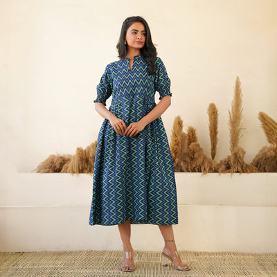 Leheria on Blue Cotton Midi Dress with Pockets