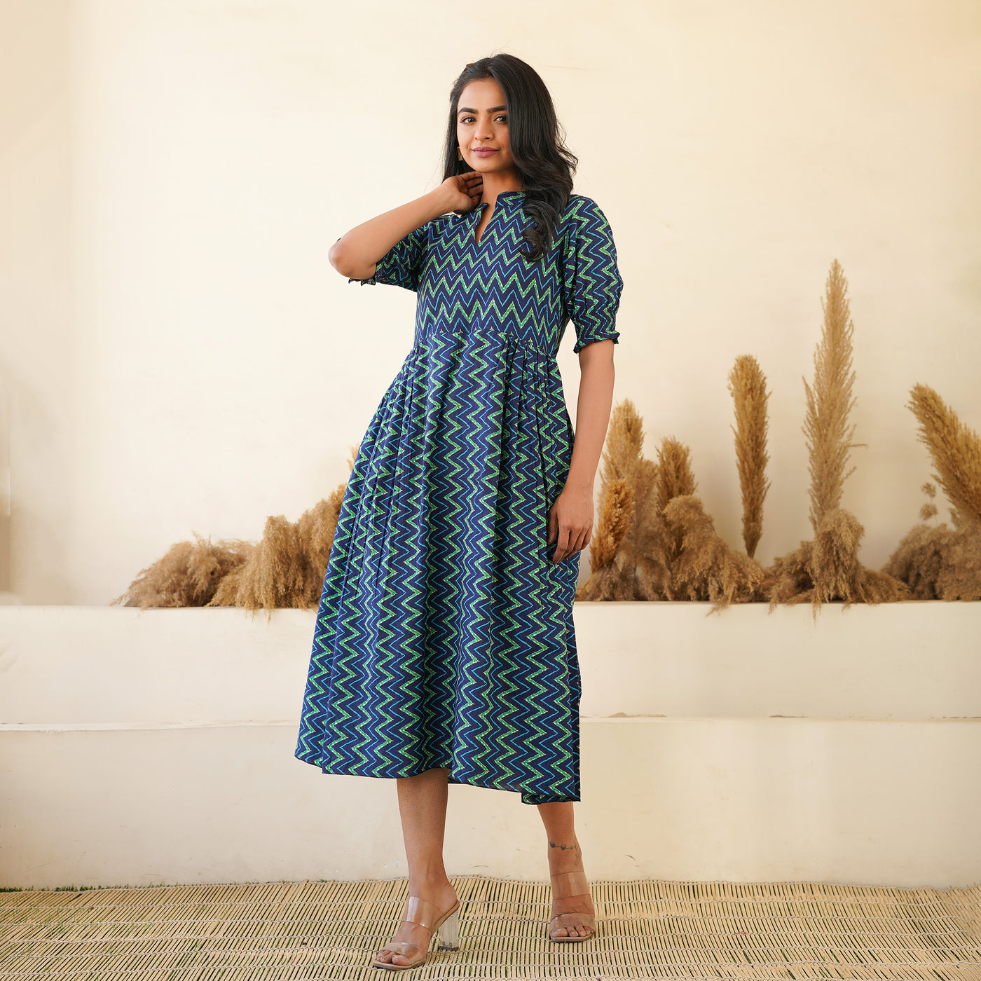 Leheria on Blue Cotton Midi Dress with Pockets