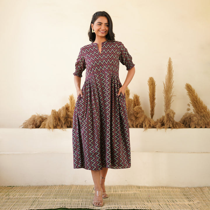 Leheria on Purple Cotton Midi Dress with Pockets