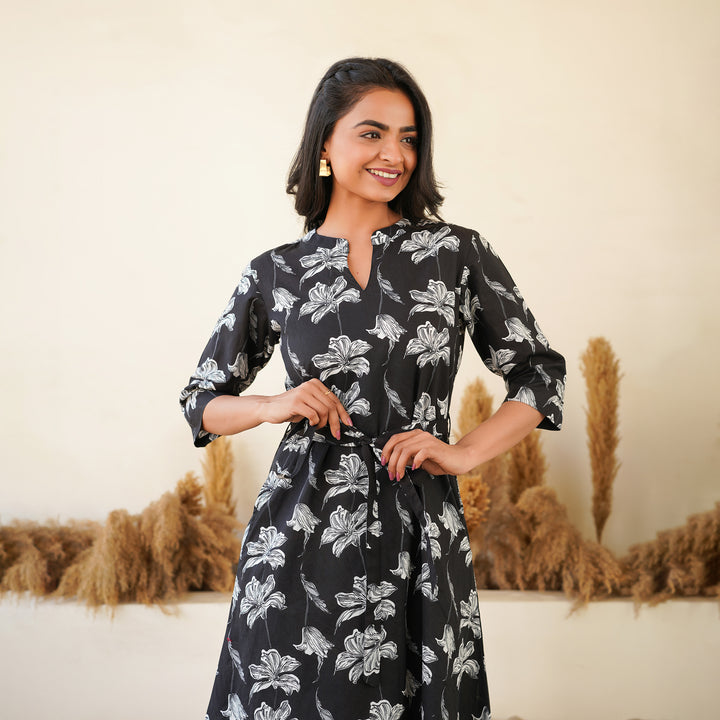 'Black Iris' Cotton Midi Dress with Pockets