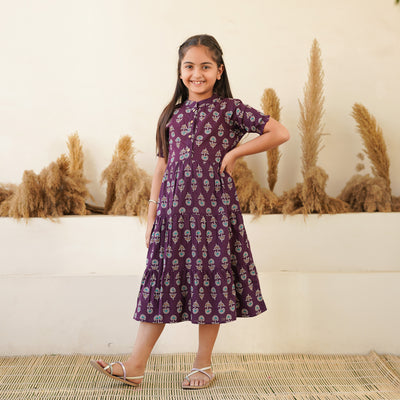 'Bandhej on Purple' Mom and Daughter Tiered Cotton Dresses