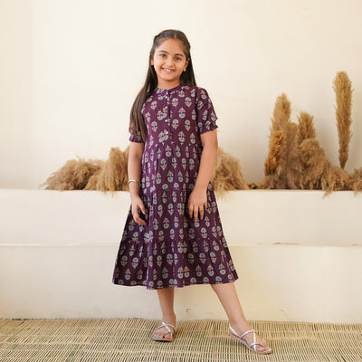 'Bandhej on Purple' Mom and Daughter Tiered Cotton Dresses