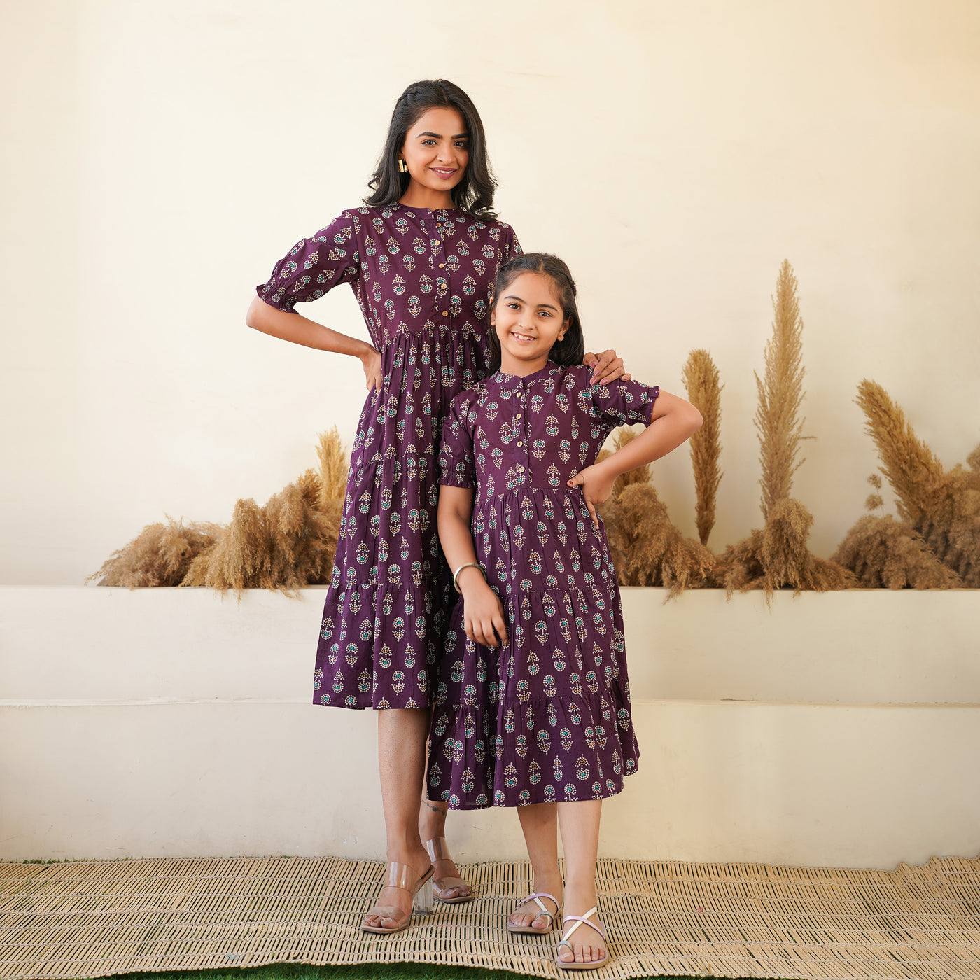 'Bandhej on Purple' Mom and Daughter Tiered Cotton Dresses