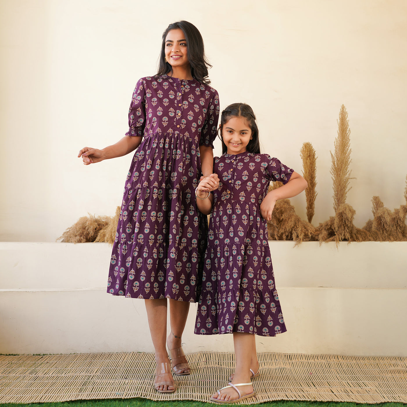 'Bandhej on Purple' Mom and Daughter Tiered Cotton Dresses